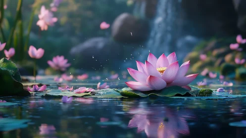 Lotus flower glows on tranquil pond before soft waterfall.