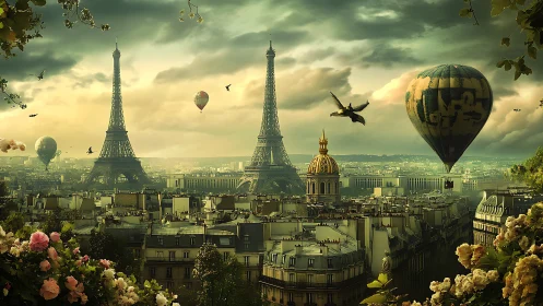 Twin Eiffel towers drift through a dream of airborne Paris