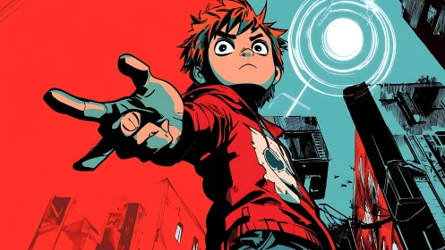 Defiant anime hero reaches forward against a blazing city sky