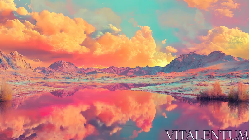 Dreamlit mountains mirrored in a pastel sunset lake.