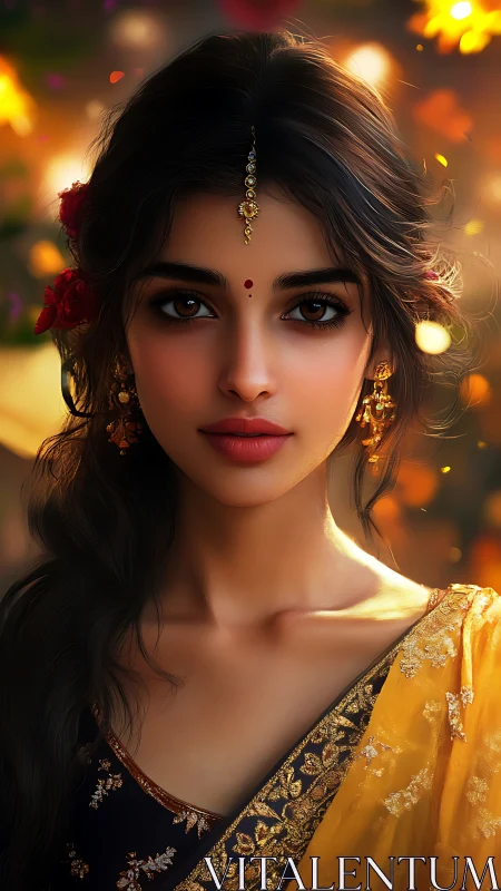 Golden dusk crowns a serene festival muse in soft focus