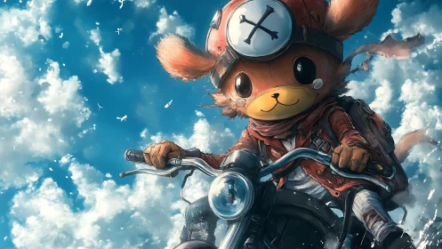 Dynamic anime mascot on motorcycle against radiant sky backdrop.