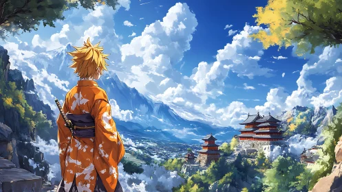 Samurai youth overlooking mountain valley temples under cumulus sky