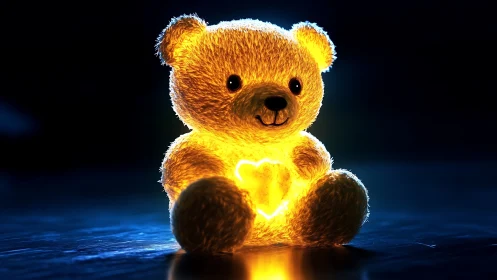 Glowing teddy bear sculpture with radiant heart core light.