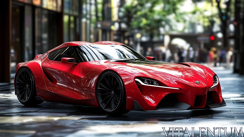Ruby red supercar gliding through a sunlit city street.
