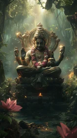 Divine multi-armed deity statue illuminated amid dense jungle shrine