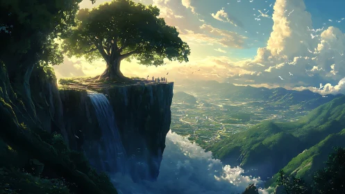 Majestic tree crowned cliff above valley and cloud sea.