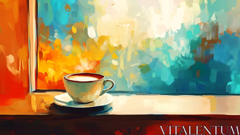 Steaming coffee cup beside window in vivid abstract light.