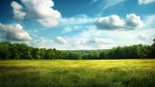 Luminous meadow under stratocumulus cloud field at midday.