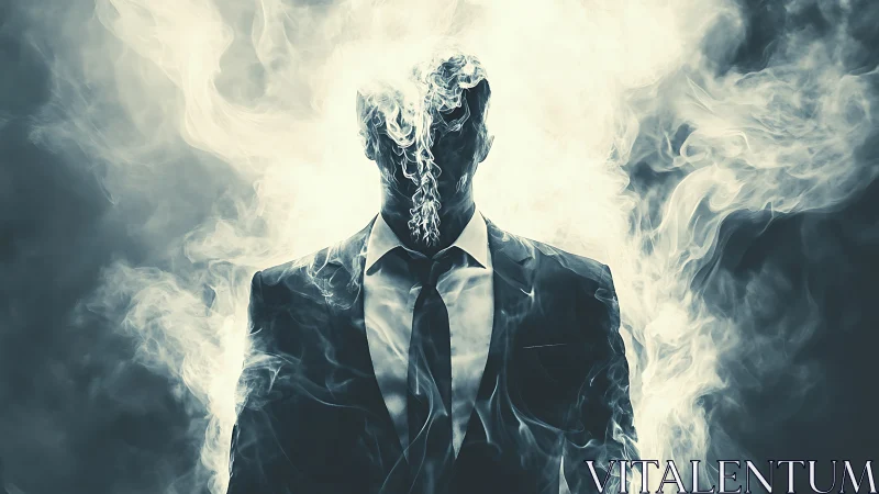 Smoke-shrouded businessman silhouette in surreal glow.