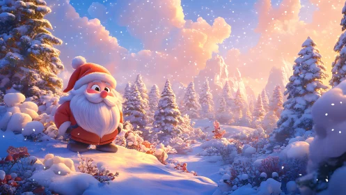 Cartoon Santa stands in a snowy forest at bright sunset