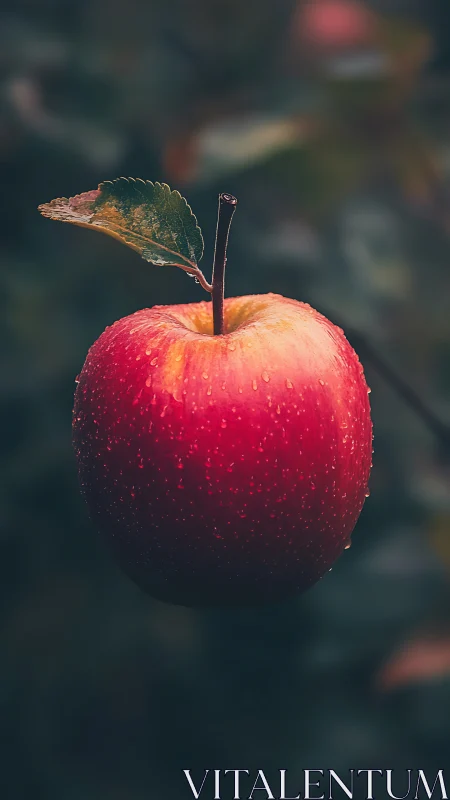 Red apple macro with leaf against dark blurred background.