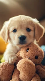 Golden retriever puppy with plush toy on soft background.