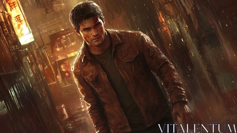 Male figure walks through wet urban alley in heavy rain