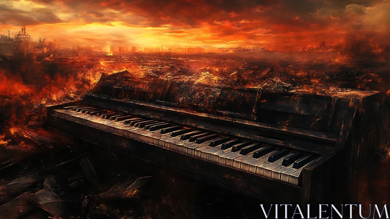 Burned upright piano stands in glowing post-apocalyptic ruins