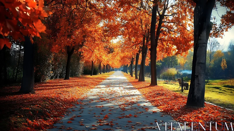 Inviting autumn pathway lined with glowing orange trees.