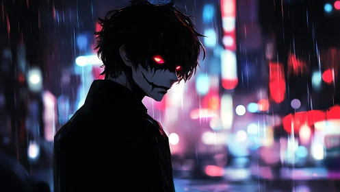 Nocturnal cybernetic wraith in neon-saturated rainfall streets.