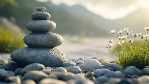 Zen stone cairn in soft dawn light rendered photorealistically