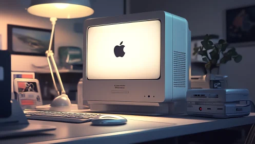 Retro Apple desktop glowing softly in moody office light.