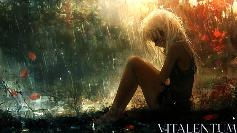 Girl sits in rainy forest clearing under contrasting light