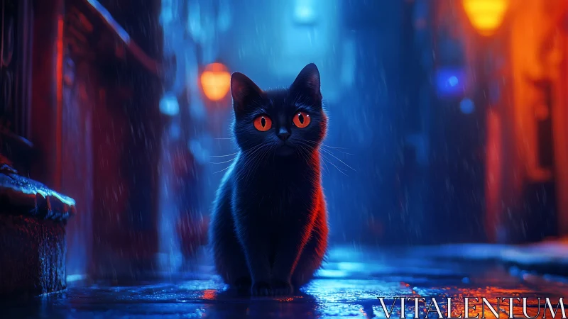 Black Cat with Glowing Eyes in Neon Rain Noir Alley