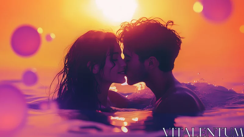 Sunset Romance in Water: Intimate Silhouettes Kiss.