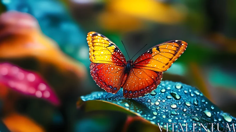 Raindrop kissed orange butterfly rests on a jeweled leaf