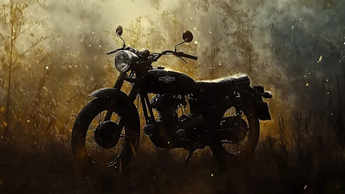 Sunlit vintage motorcycle quietly rests in golden mist