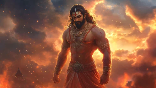 Mythic warrior strides through blazing celestial clouds.