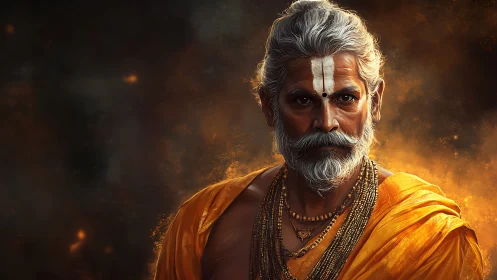 Portrait shows elderly man in orange robe against dark glow