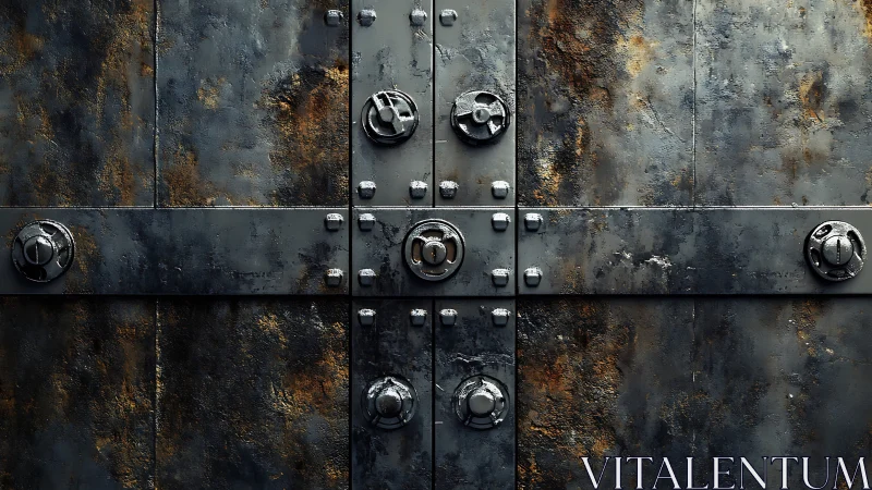 Heavily rusted metal door with bolts and circular locks.