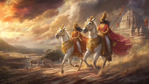 Sunlit warrior procession racing past a temple of legends.