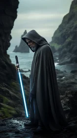 Weathered coast cradles a lone hooded knight of light