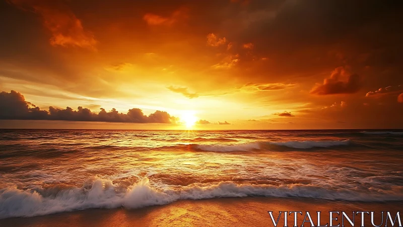 Fiery orange ocean sunset with waves and dark clouds.