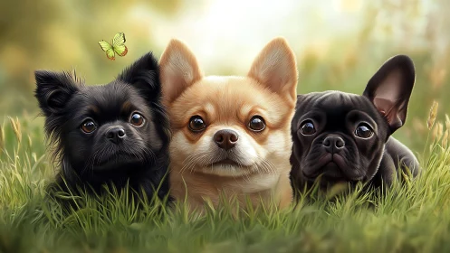 Three small dogs watch a butterfly in soft meadow light.