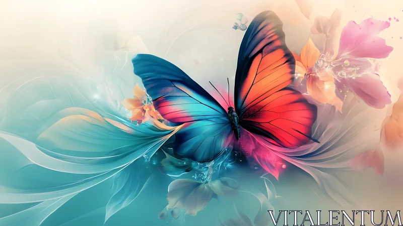 Radiant butterfly drifts through dreamy pastel blossoms.