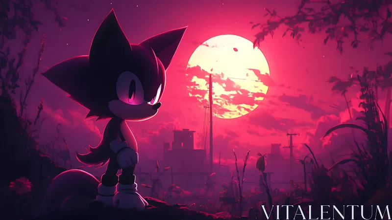 Silhouetted hedgehog figure studies red dusk city skyline