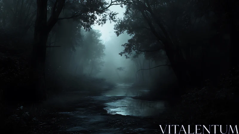 Dense forest scene with misty stream at night period