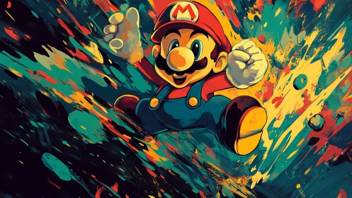 Dynamic cartoon hero leaping through bold paint explosion.