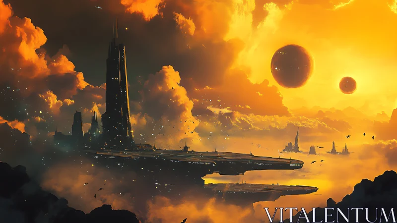 Stellar megacity platform under radiant dual suns at dusk.