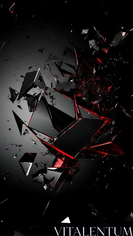 Shattered black and red glass explodes in dramatic motion