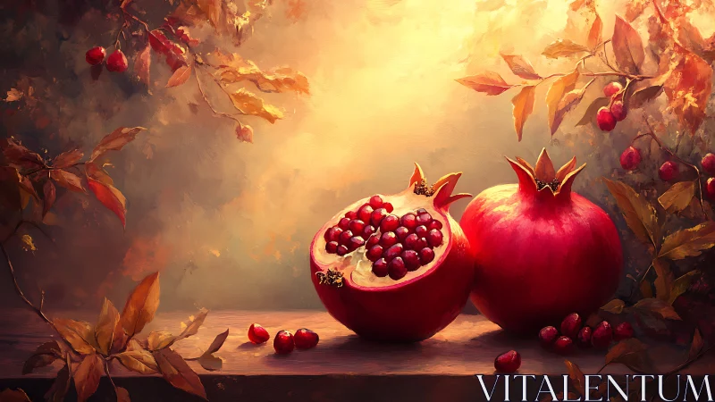 Luminous still life captures ripe pomegranates in autumnal light
