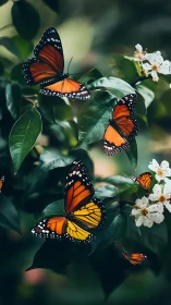 Clustered monarch butterflies with shallow depth of field on foliage