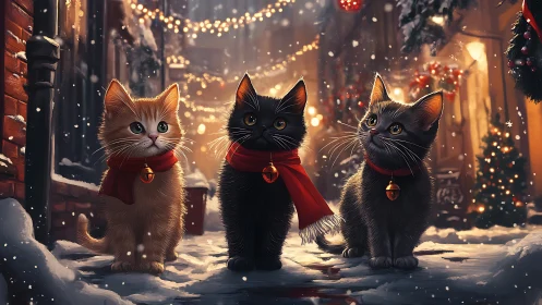 Three Festive Cats in Snow-Dusted Holiday Alley.
