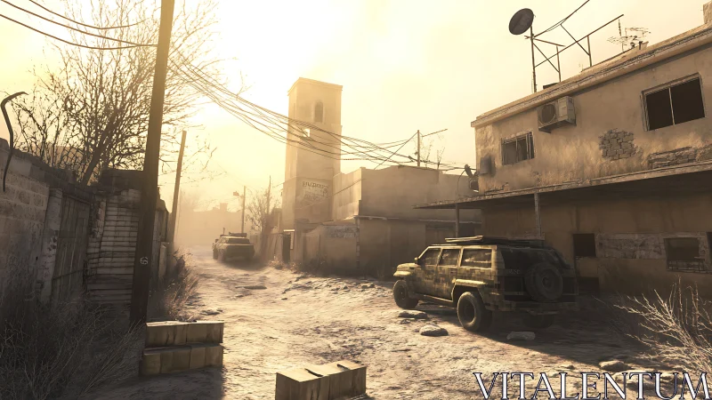 Deserted urban street under harsh backlit atmospheric haze