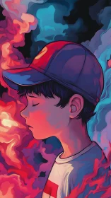 Dreamy kid in a cap surrounded by soft neon clouds.