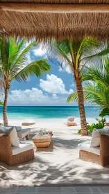 Tropical beachfront lounge under palm canopy, high-res rendering.
