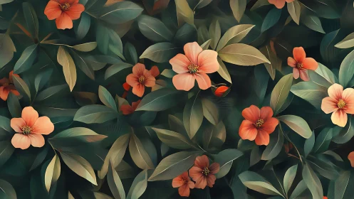 Coral and Peach Flowers Bloom Through Lush Green Foliage
