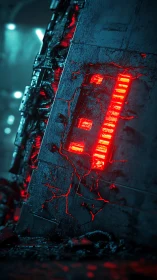 Glowing red glyphs carved into a crumbling cyber relic.
