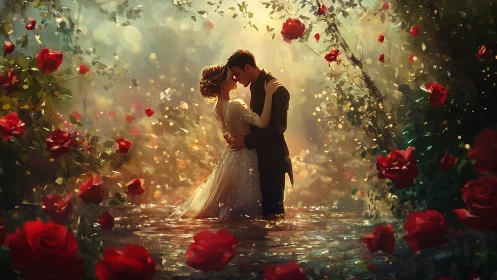 Couple in formal attire positioned among red roses and luminous particles.